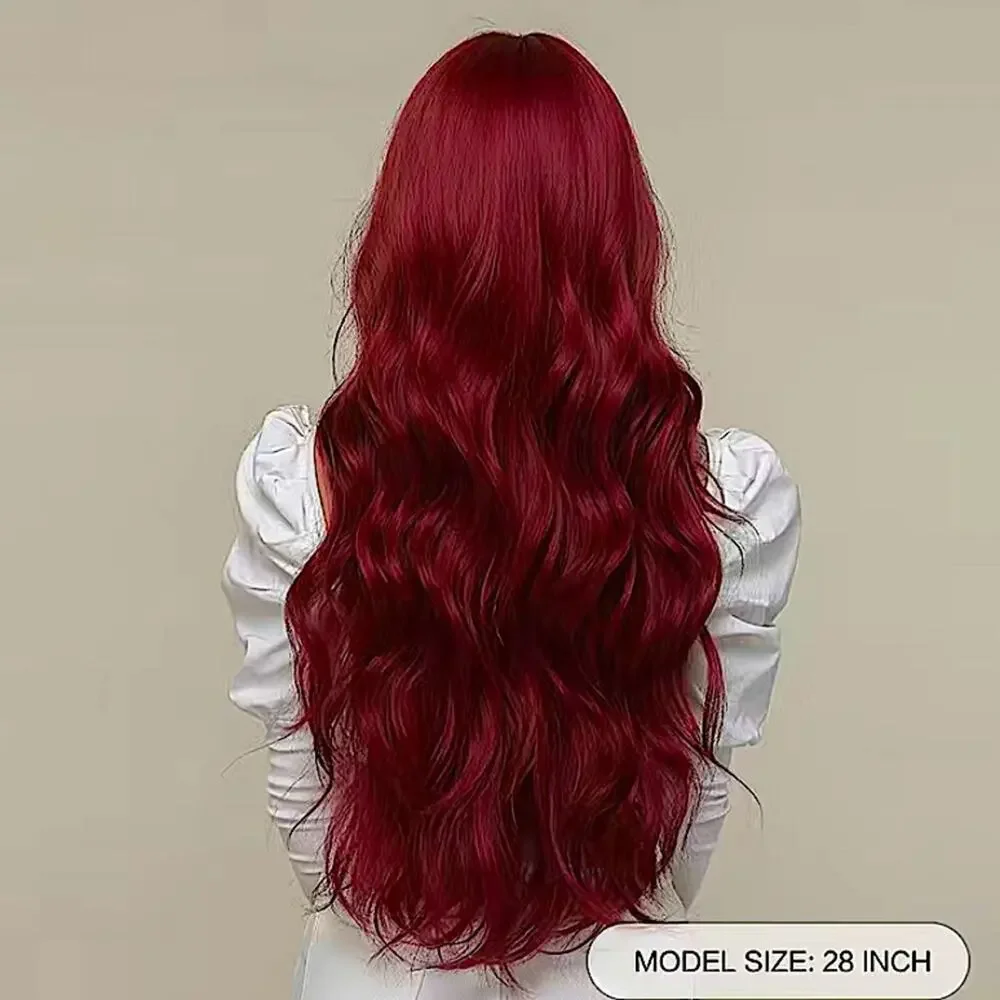 Dark Red Gradient Wig, Long Layer, Bangs 28 Inches, Wavy, Party, Vacation